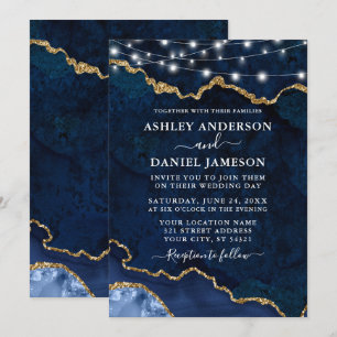 Watercolor Blue Marble Agate Geode Lights Wedding Invitation