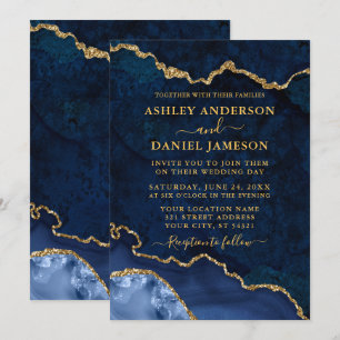Watercolor Blue Marble Agate Geode Wedding Gold  Invitation