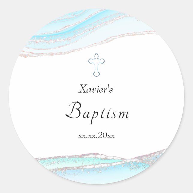 watercolor blue marble Baptism Classic Round Sticker (Front)