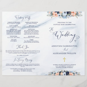 Watercolor Blue Marble Floral Wedding Mass Program