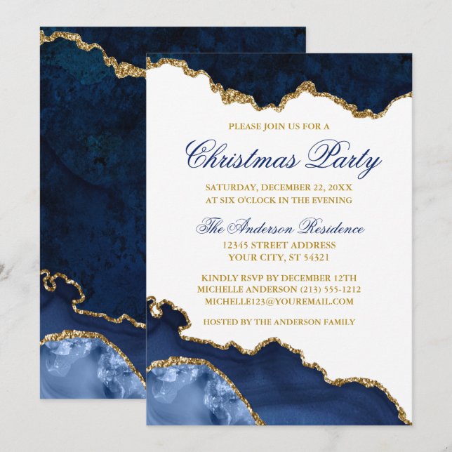 Watercolor Blue Marble Geode Gold Christmas Party Invitation (Front/Back)