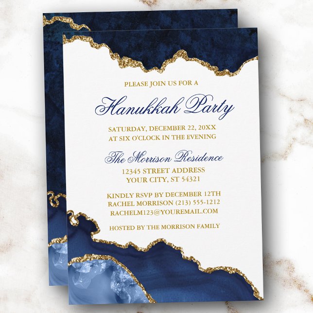 Watercolor Blue Marble Geode Gold Hanukkah Party Invitation (Customize to change text size, text color, text style or to add more text to back of card.)