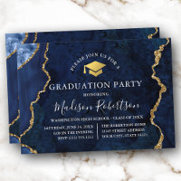 Watercolor Blue Marble Gold Cap Grad Party