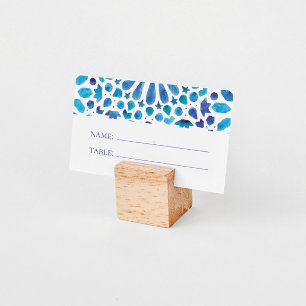 Watercolor Blue Mediterranean Tile Wedding Place Card