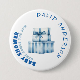 Watercolor blue minimalist baby shower boy 7.5 cm round badge