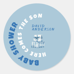 Watercolor blue minimalist baby shower boy classic round sticker