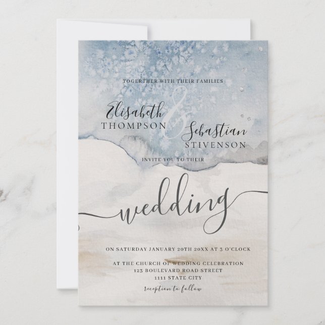Watercolor Blue Modern Wedding Invitation (Front)