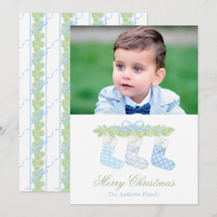 Watercolor Blue Monogram Christmas Stockings Photo Holiday Card