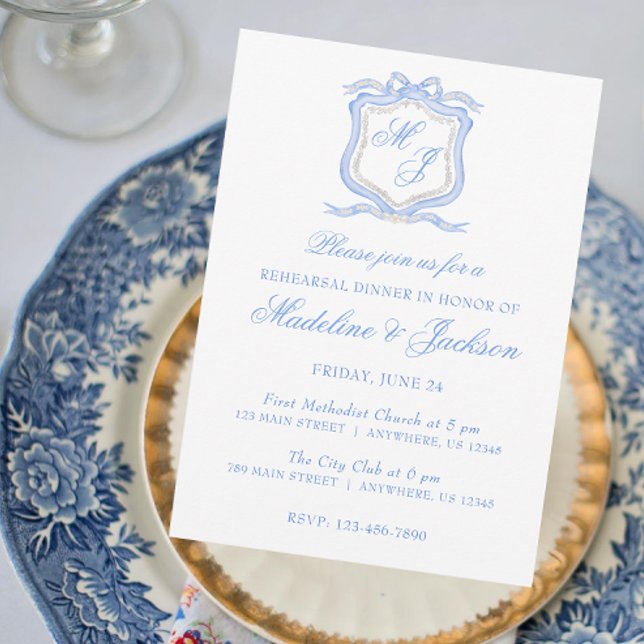 Watercolor Blue Monogram Crest Rehearsal Dinner Invitation (Creator Uploaded)