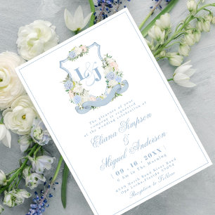 Watercolor Blue Monogram Crest Wedding Invitation