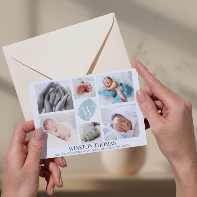 Watercolor Blue Monogram Photo Collage Boy Birth Announcement (Creator Uploaded)