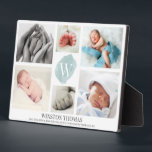 Watercolor Blue Monogram Photo Collage Boy Birth Plaque<br><div class="desc">Remember the arrival of your newborn baby boy with a stylish 6 photos collage,  decorated with a monogram on blue watercolor background in the middle and customisable baby name and birth stats at the bottom.  If you need help personalising this birth announcement drop us a line at the messenger.</div>