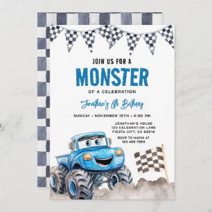 Watercolor Blue Monster Truck Birthday Race Party Invitation