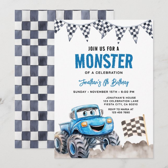 Watercolor Blue Monster Truck Birthday Race Party Invitation (Front/Back)