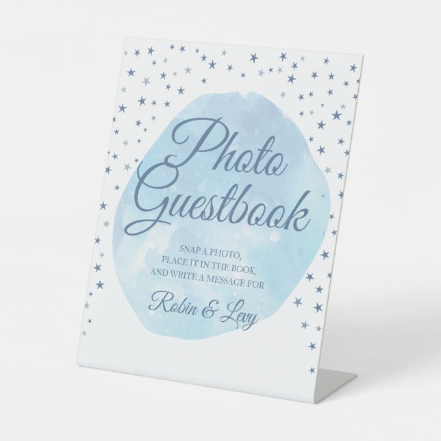 Watercolor Blue Moon Stars Photo Guest Book Sign (Front)