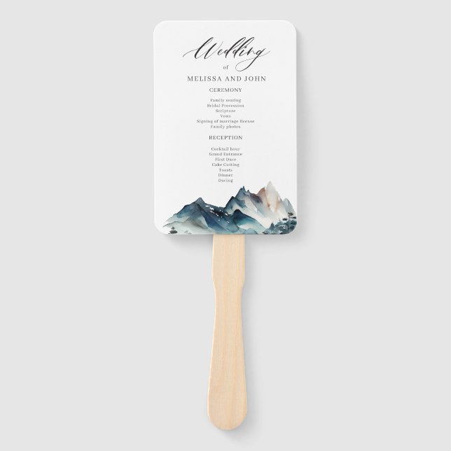 Watercolor Blue Mountain Rustic Hand Fan (Front)