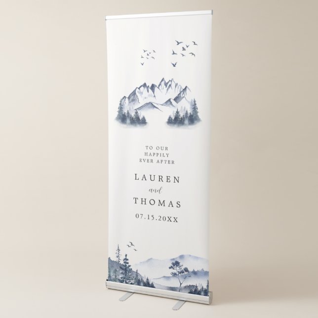 Watercolor Blue Mountain Rustic Wedding Retractable Banner (3/4)