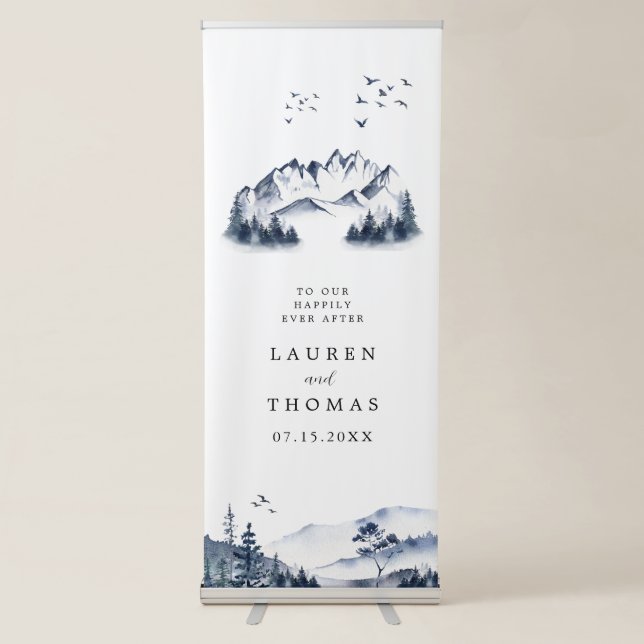 Watercolor Blue Mountain Rustic Wedding Retractable Banner (Front)