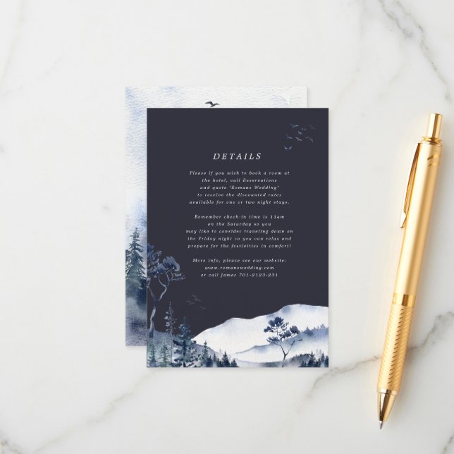 Watercolor Blue Mountain Wedding Details Card (Front/Back In Situ)
