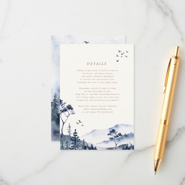 Watercolor Blue Mountain Wedding Details Card (Front/Back In Situ)