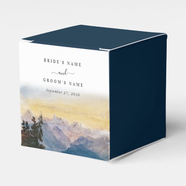 Watercolor Blue Mountains Pine Wedding Favour Box (Front Side)