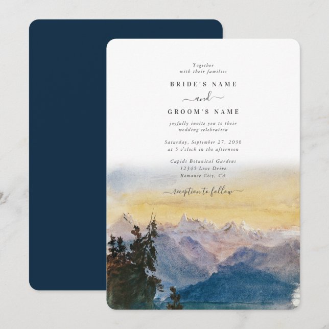 Watercolor Blue Mountains Pine Wedding Invitation (Front/Back)