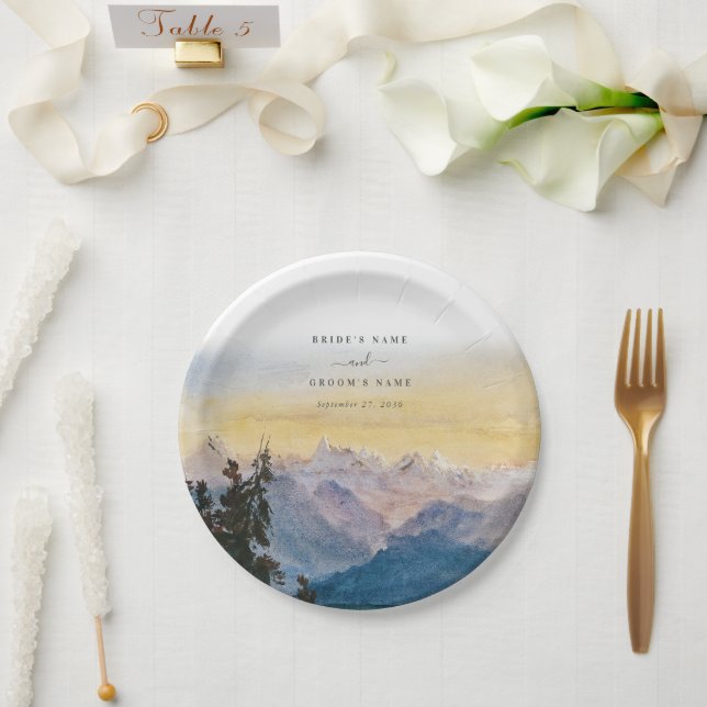 Watercolor Blue Mountains Pine Wedding Paper Plate (Wedding)