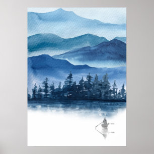 Watercolor Blue Mountains Scenic Landscape Poster