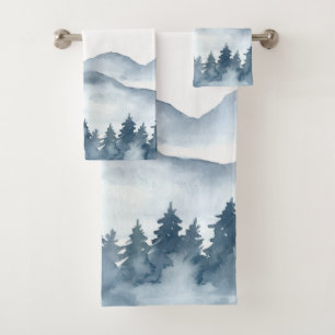 Watercolor Blue Mountains Trees Bath Towel Set