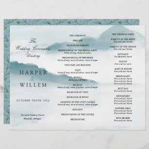 watercolor blue mountains tri-fold wedding program