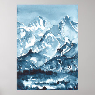Watercolor blue mountainscape, landscape  poster