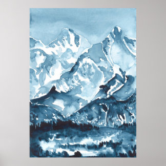 Watercolor blue mountainscape, landscape  poster