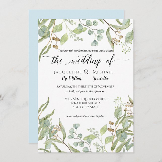 Watercolor Blue n White Eucalyptus Leaf Foliage Invitation (Front/Back)