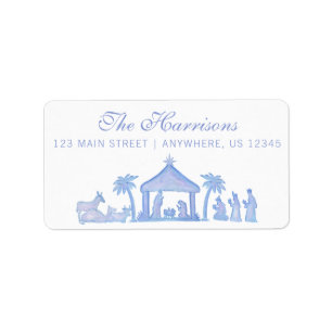 Watercolor Blue Nativity Christmas Return Address Label