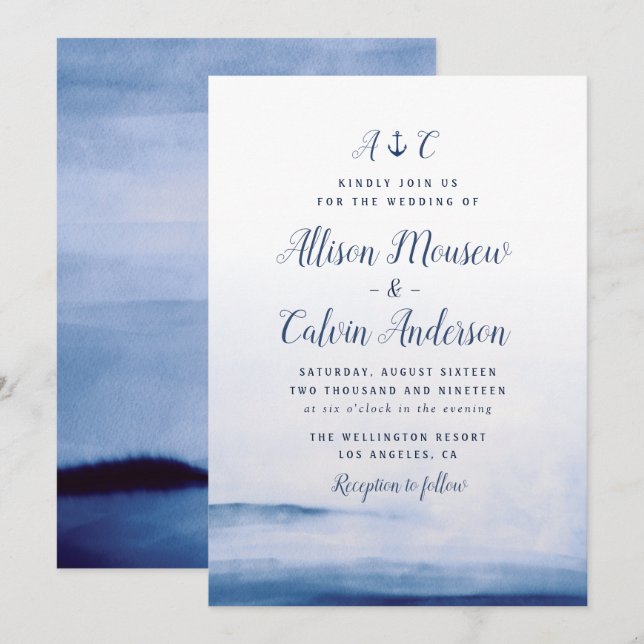 watercolor blue nautical anchor wedding invitation (Front/Back)