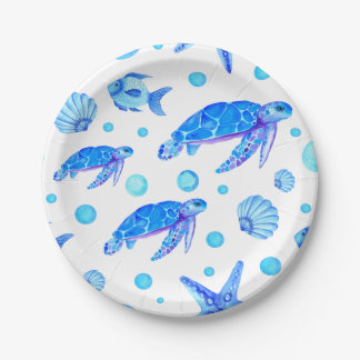 Watercolor Blue Nautical Pattern Turtle Fish Party Paper Plate