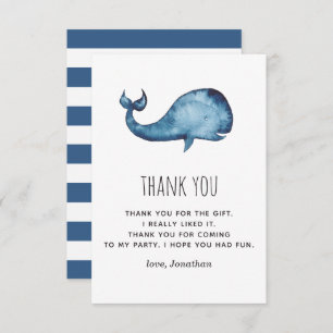 Watercolor blue navy cute whale. Kids birthday Thank You Card