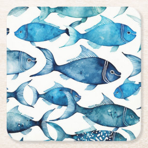 Watercolor Blue & Navy Fish Coastal Ocean Drink Square Paper Coaster