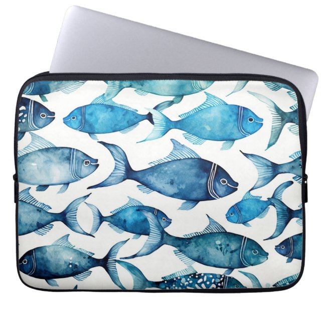 Watercolor blue navy fish pattern. Nautical animal Laptop Sleeve (Front)