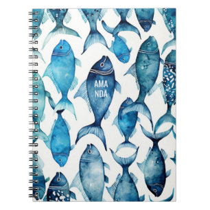 Watercolor blue navy fish pattern. Nautical animal Notebook