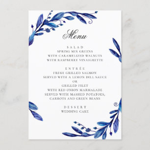 Watercolor blue navy floral foliage winter wedding menu