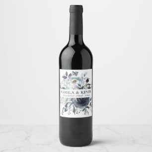 Watercolor Blue Navy Floral Wedding Wedding Wine Label