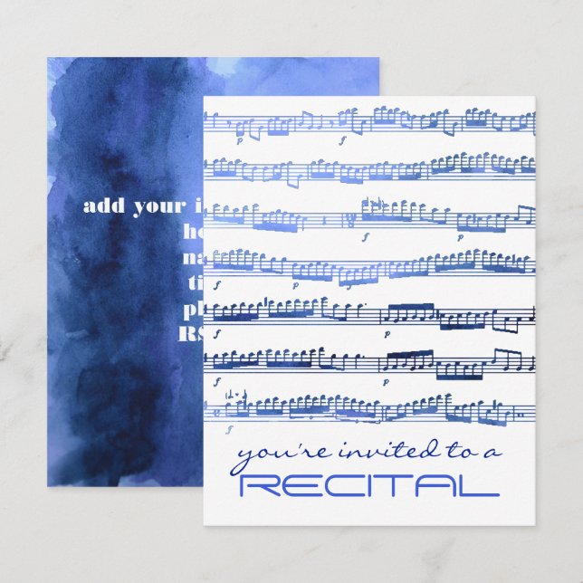 watercolor blue notes music recital invitation (Front/Back)