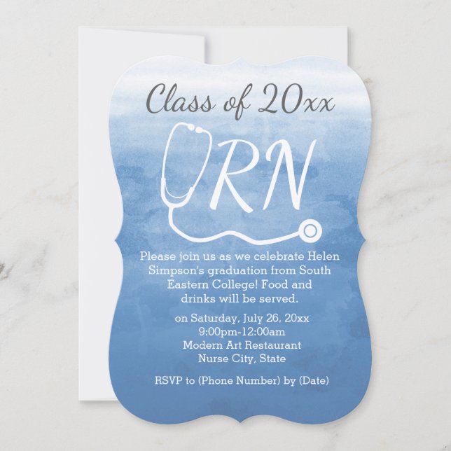 Watercolor Blue Nursing RN Nurse Graduation Party Invitation (Front)