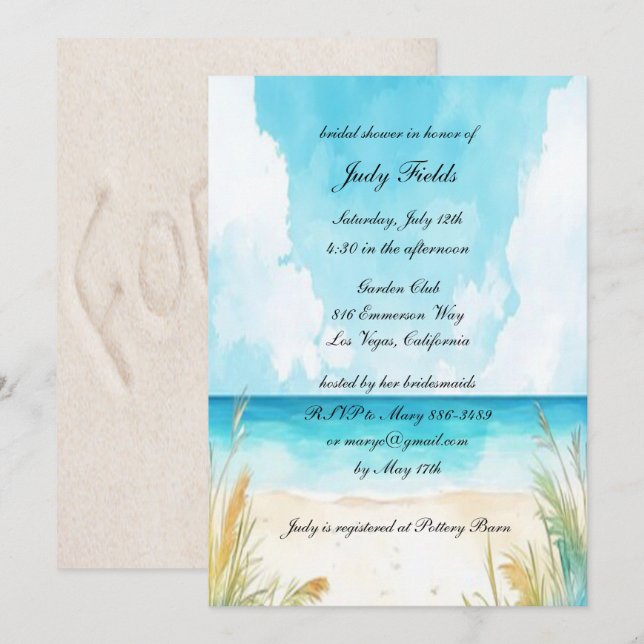 Watercolor Blue Ocean Beach Bridal Shower Invitation (Front/Back)