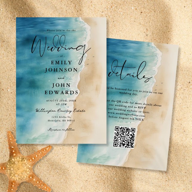 Watercolor Blue Ocean Beach Sand QR Code Wedding Invitation (Watercolor Blue Ocean Beach Sand QR Code Wedding Invitation)