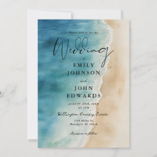Watercolor Blue Ocean Beach Sand Wedding Invitation