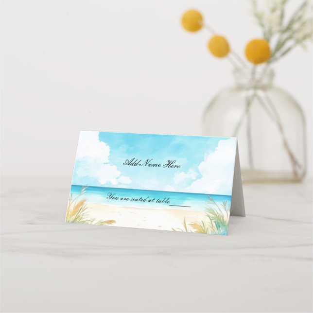 Watercolor Blue Ocean Beach Table Place Card (Front)