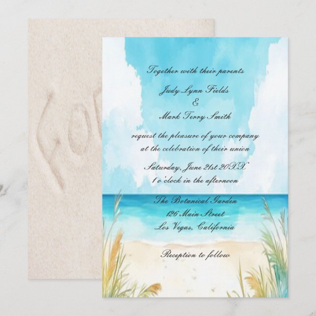 Watercolor Blue Ocean Beach Wedding Invitation (Front/Back)