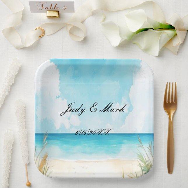 Watercolor Blue Ocean Beach Wedding Paper Plate (Wedding)
